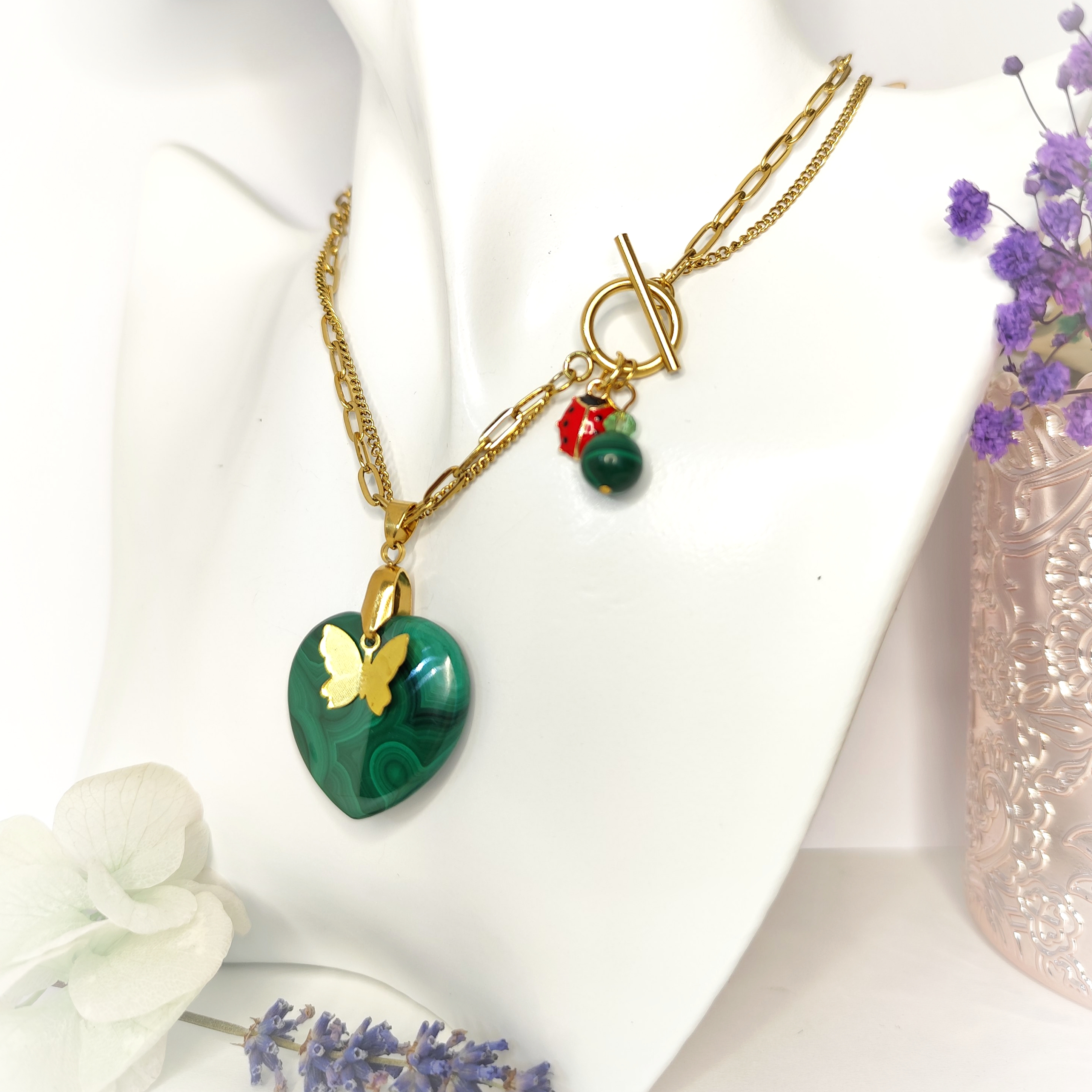 Collier doré coeur de malachite