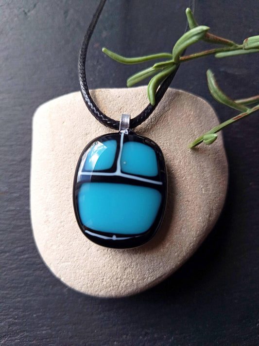 Handmade black and blue fused glass pendant with cord necklace, unisex birthday gift, unique jewelry, boho chic