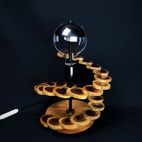 Lampe bois flotté, socle en bois exotique et ampoule avec lumière orientable.