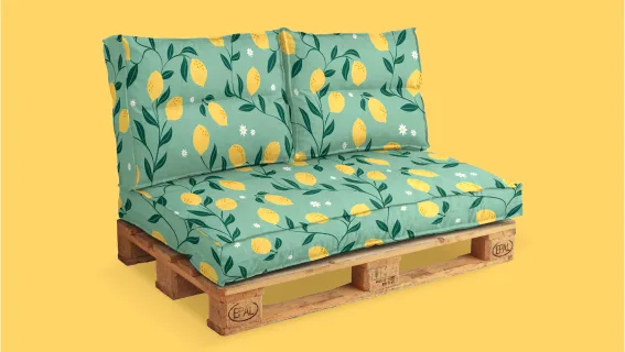 Mockup de motif illustré d'un motif de citron sur des coussins palettes pour camif.fr, par purplemay Manon Williot