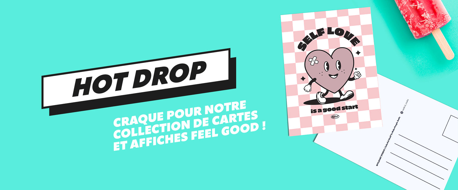 carte postale feel good coeur rose et damier avec message Self Love, collection exclusive chez ALLMEMBERZ